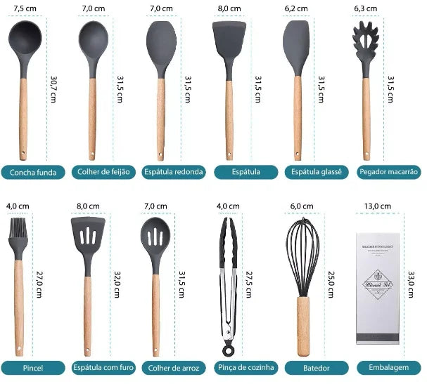 Kit 12 Utensílios De Cozinha - Silicone e Cabo De Madeira