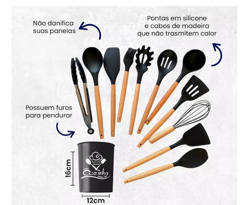 Kit 12 Utensílios De Cozinha - Silicone e Cabo De Madeira